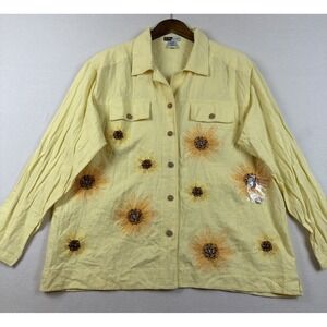 Kelly Scott Button Up Linen Blend Shirt Shacket Size 1X Yellow NWOT Embroidered